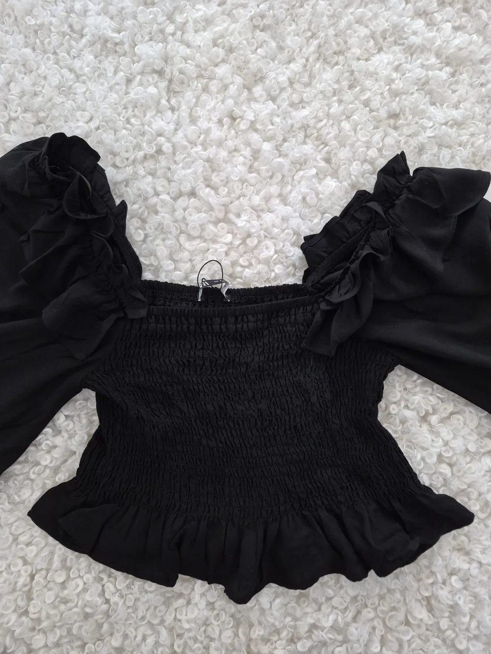 BNWT Zara Smocked Ruffled Puff Sleeve Crop Black Top S Cottagecore Boho Romantic - Picture 5 of 14